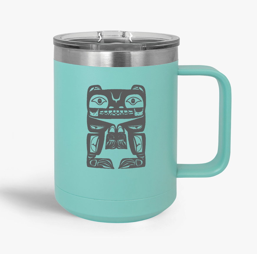 Teal insulated travel mug featuring Wet'suwet'en bear design by artist Charrine Lace, Xplore Smithers